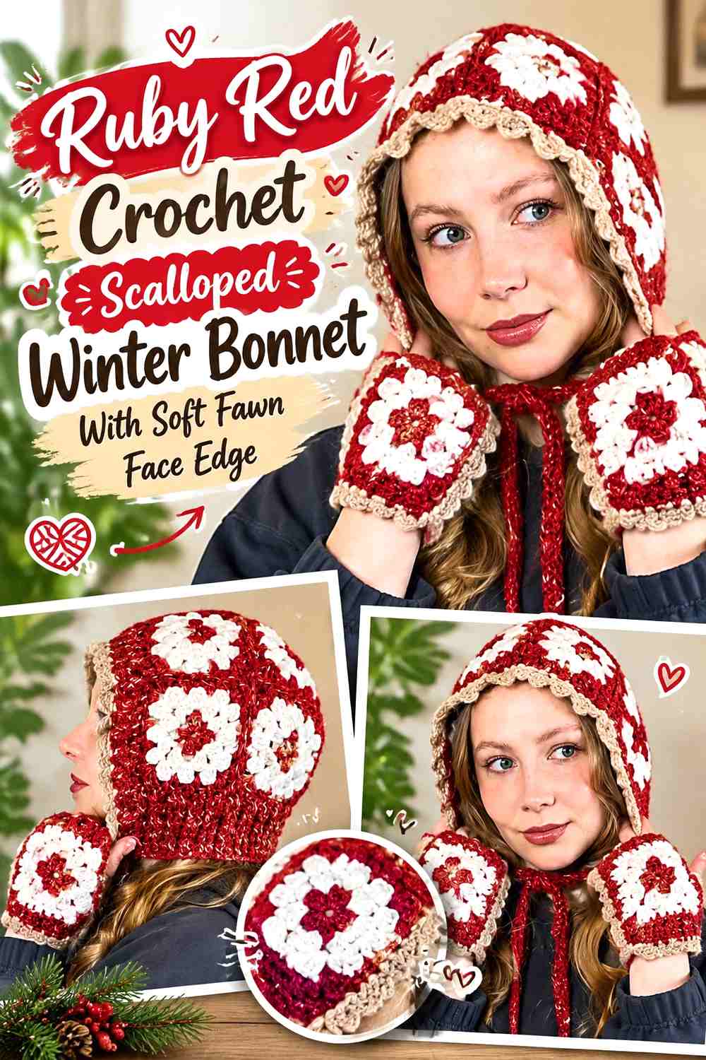 Ruby Red Crochet Scalloped Winter Bonnet With Soft Fawn Face Edge