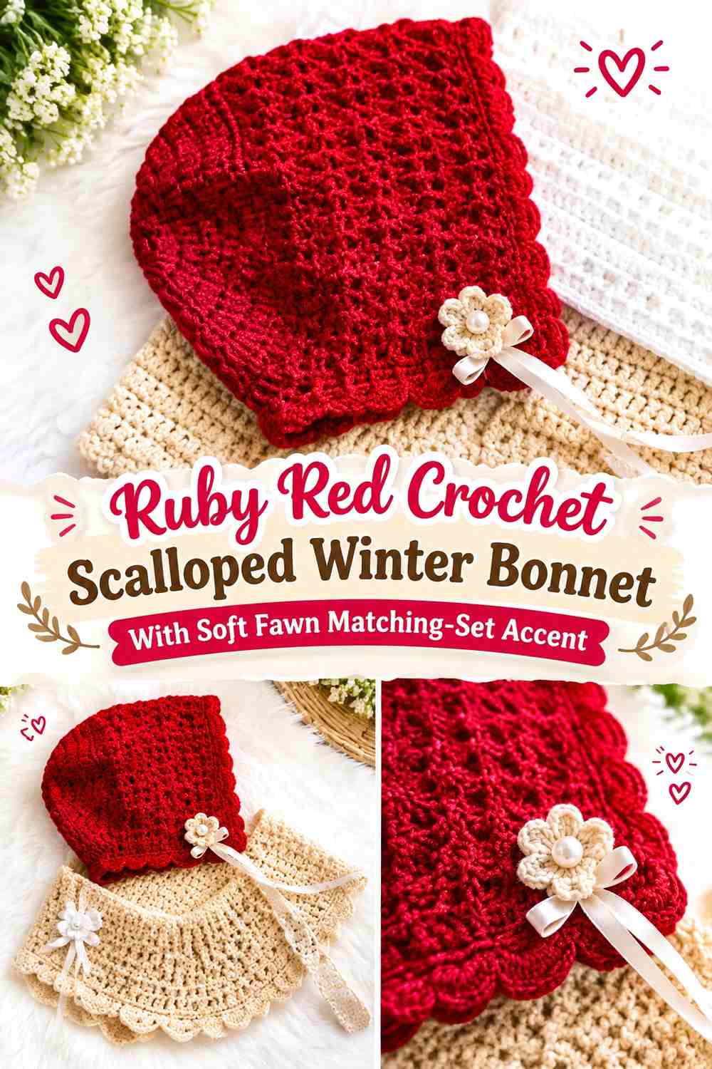Ruby Red Crochet Scalloped Winter Bonnet With Soft Fawn Matching-Set Accent