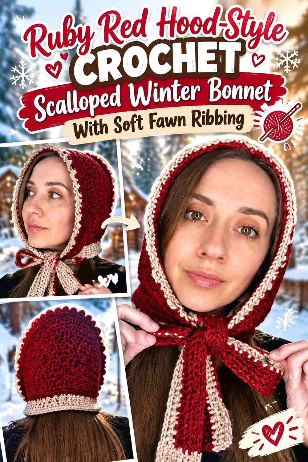 Ruby Red Hood-Style Crochet Scalloped Winter Bonnet With Soft Fawn Ribbing