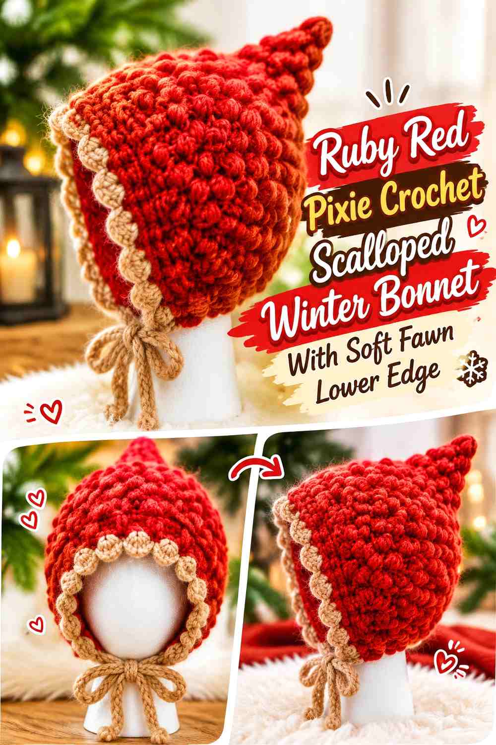 Ruby Red Pixie Crochet Scalloped Winter Bonnet With Soft Fawn Lower Edge