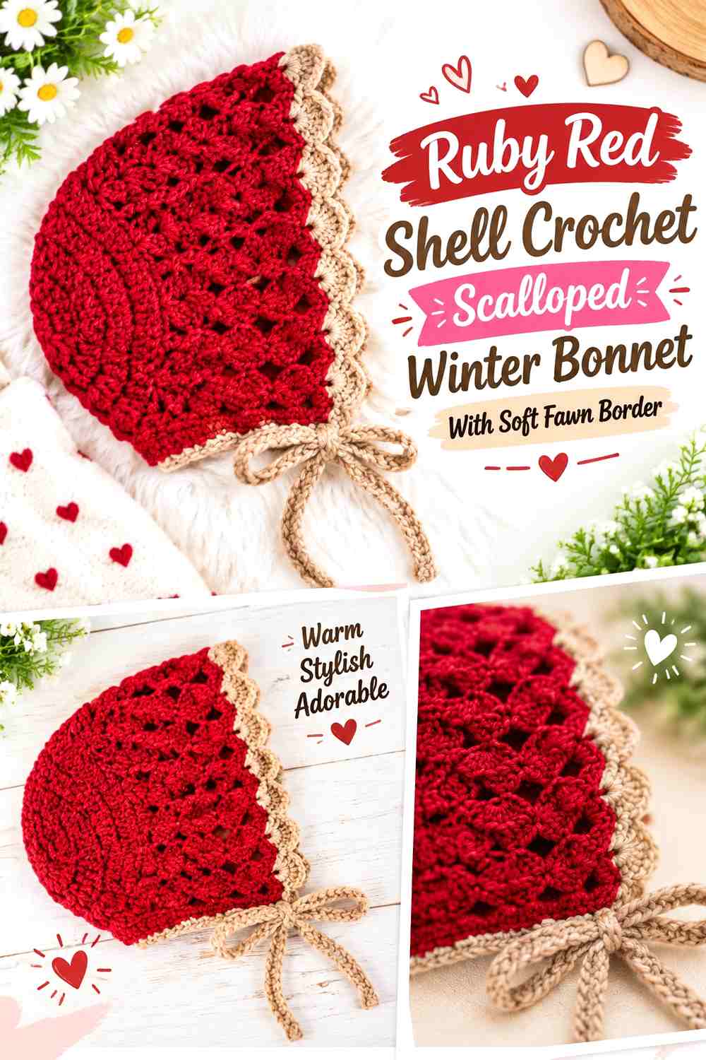 Ruby Red Shell Crochet Scalloped Winter Bonnet With Soft Fawn Border