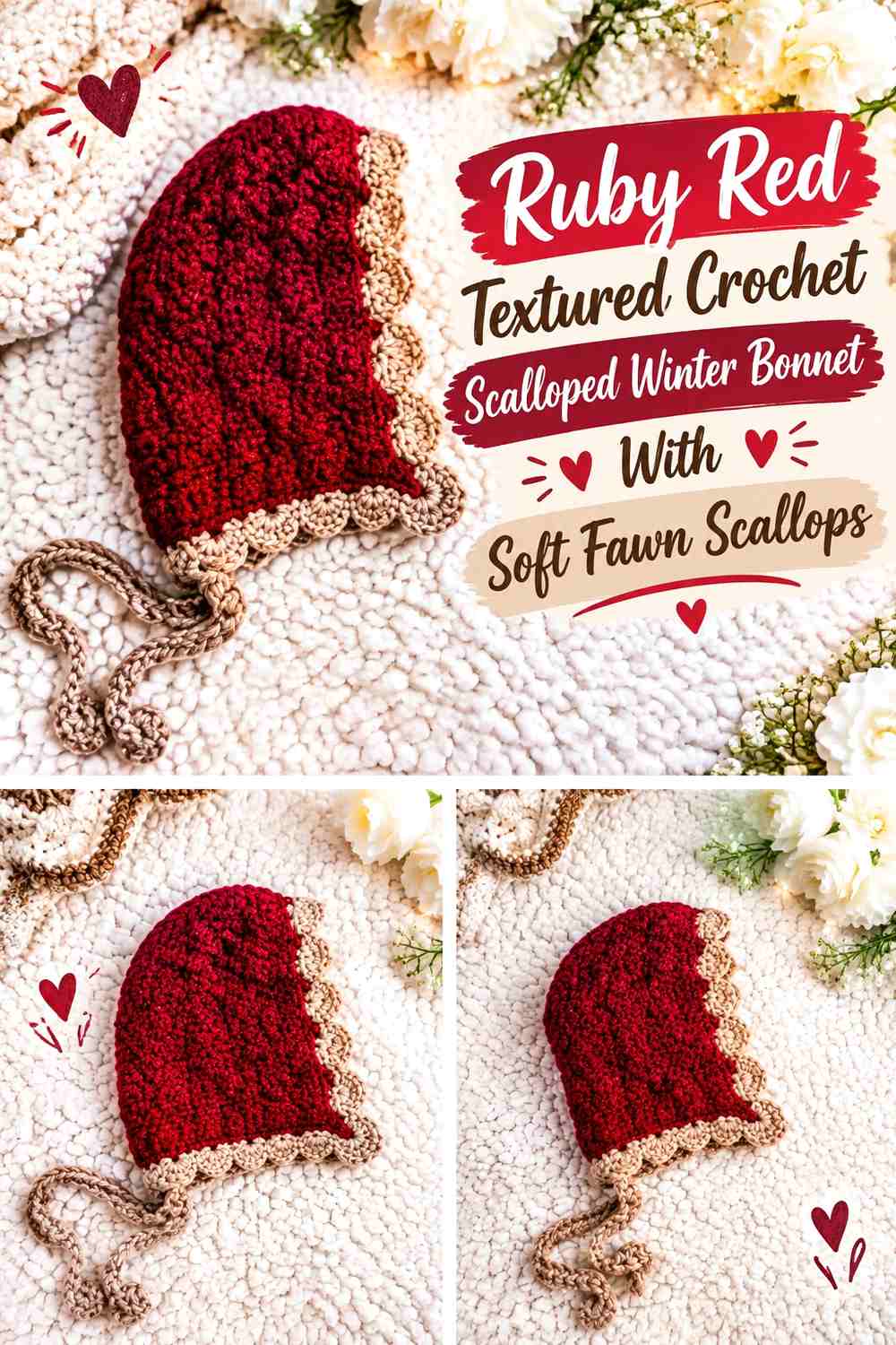 Ruby Red Textured Crochet Scalloped Winter Bonnet With Soft Fawn Scallops