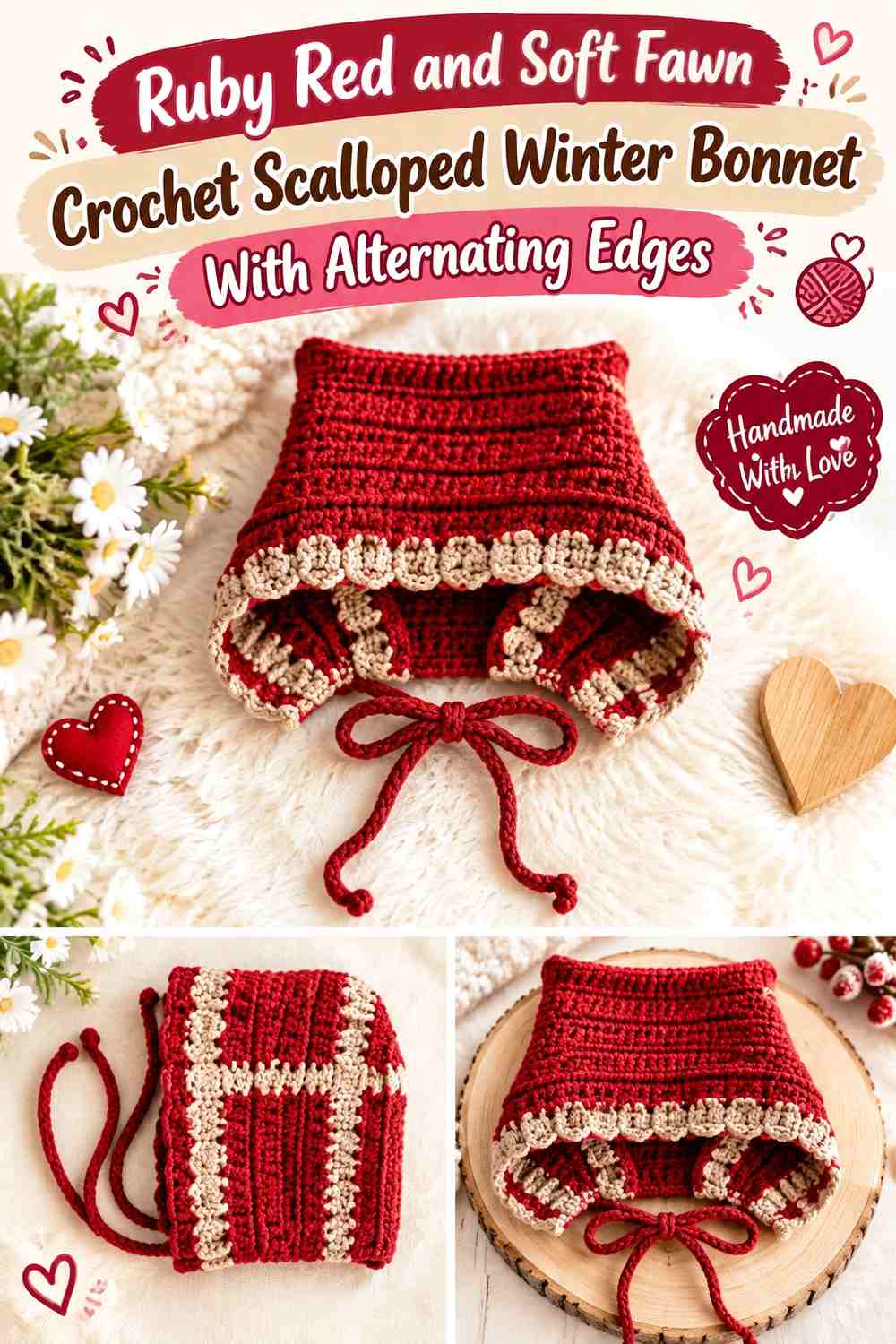 Ruby Red and Soft Fawn Crochet Scalloped Winter Bonnet With Alternating Edges