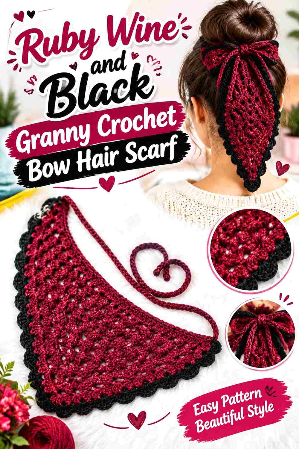 8. Ruby Wine And Black Granny Crochet Bow Hair Scarf