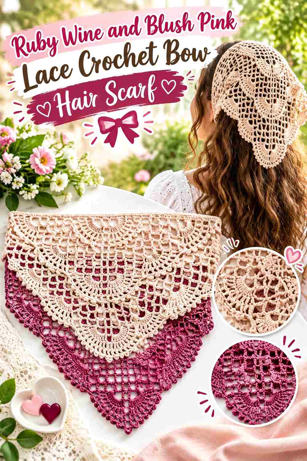 2. Ruby Wine And Blush Pink Lace Crochet Bow Hair Scarf