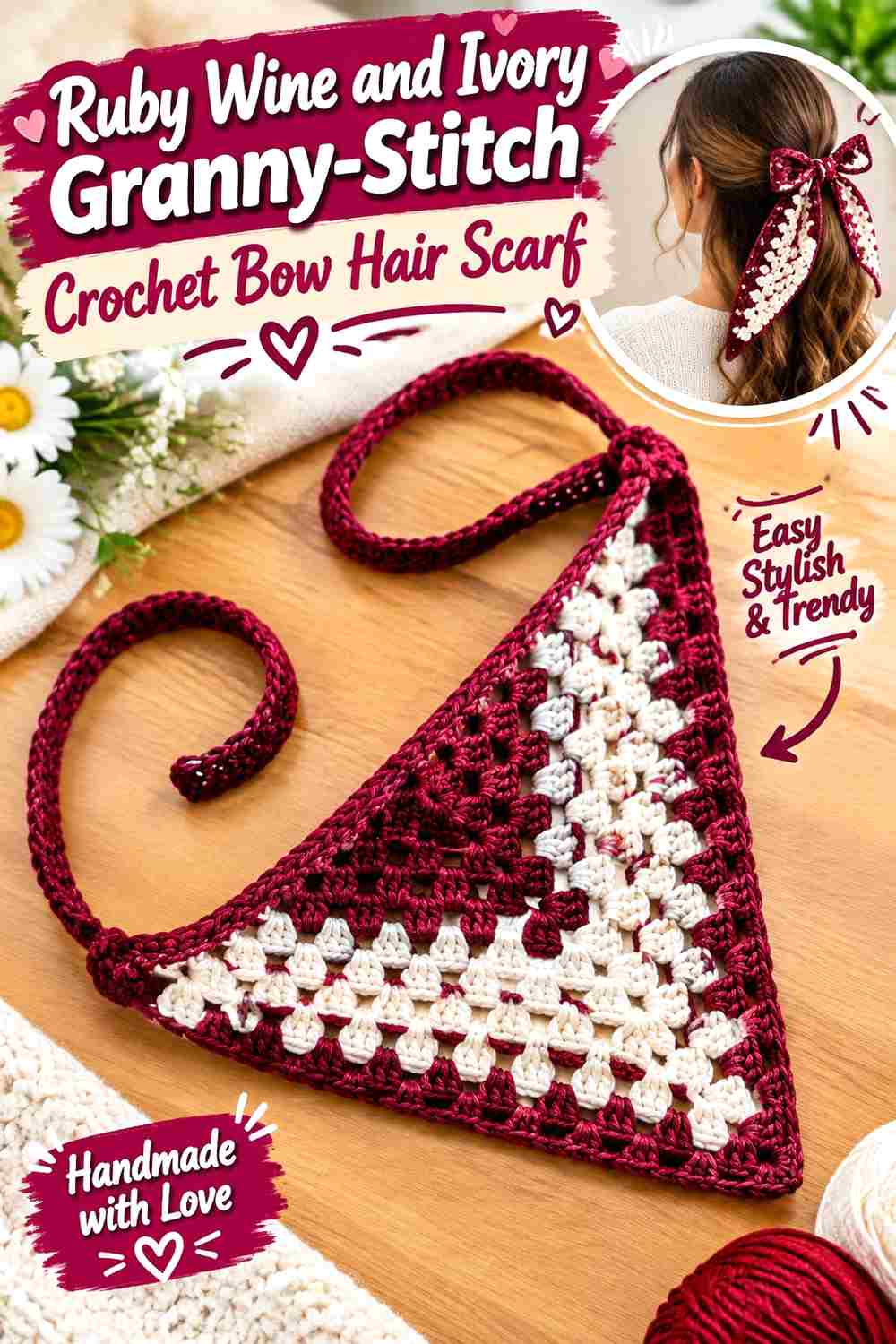 5. Ruby Wine And Ivory Granny Stitch Crochet Bow Hair Scarf