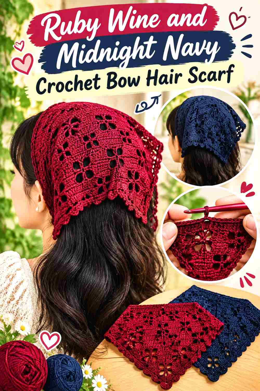 7. Ruby Wine And Midnight Navy Crochet Bow Hair Scarf