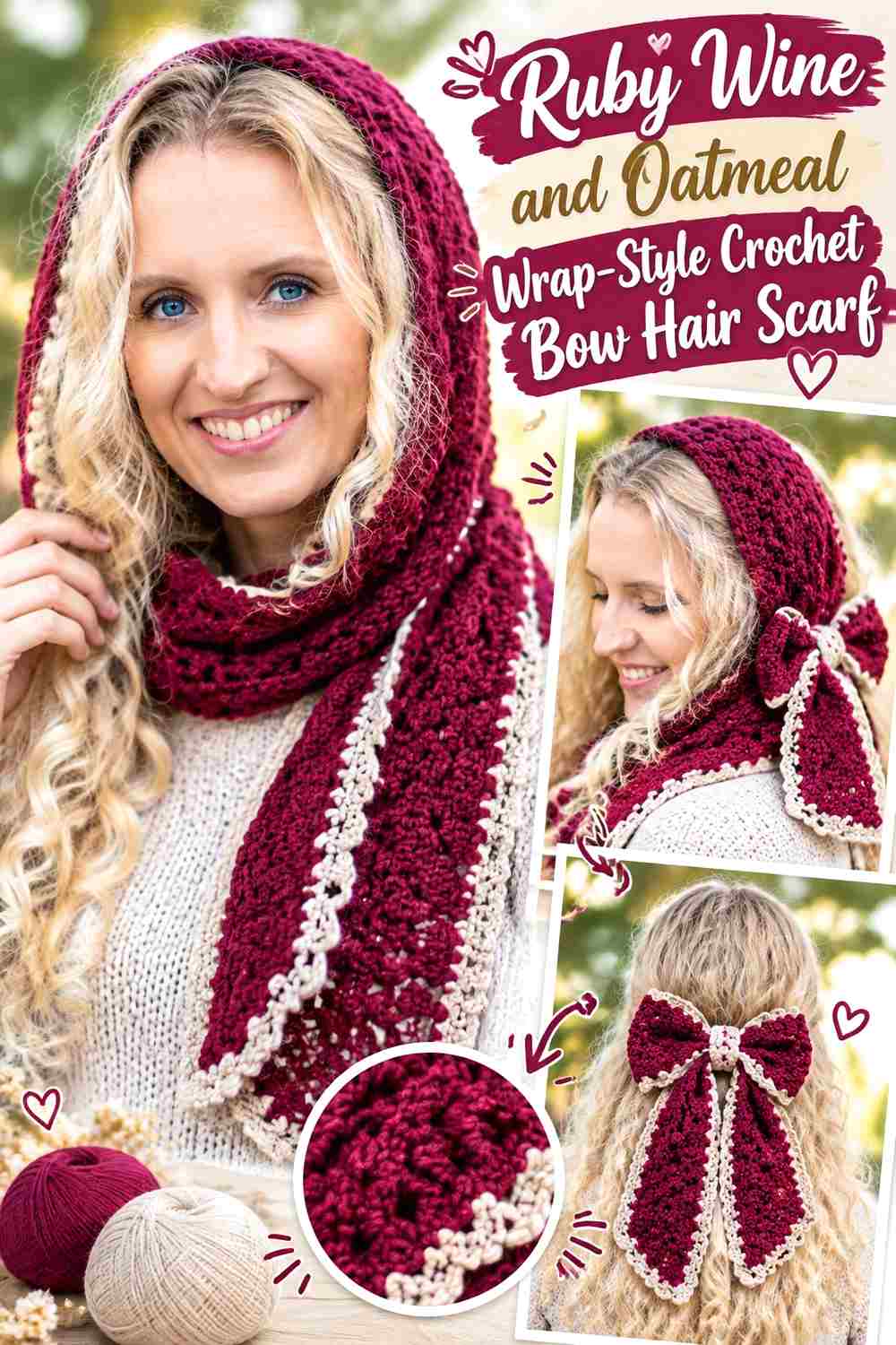 14. Ruby Wine And Oatmeal Wrap Style Crochet Bow Hair Scarf