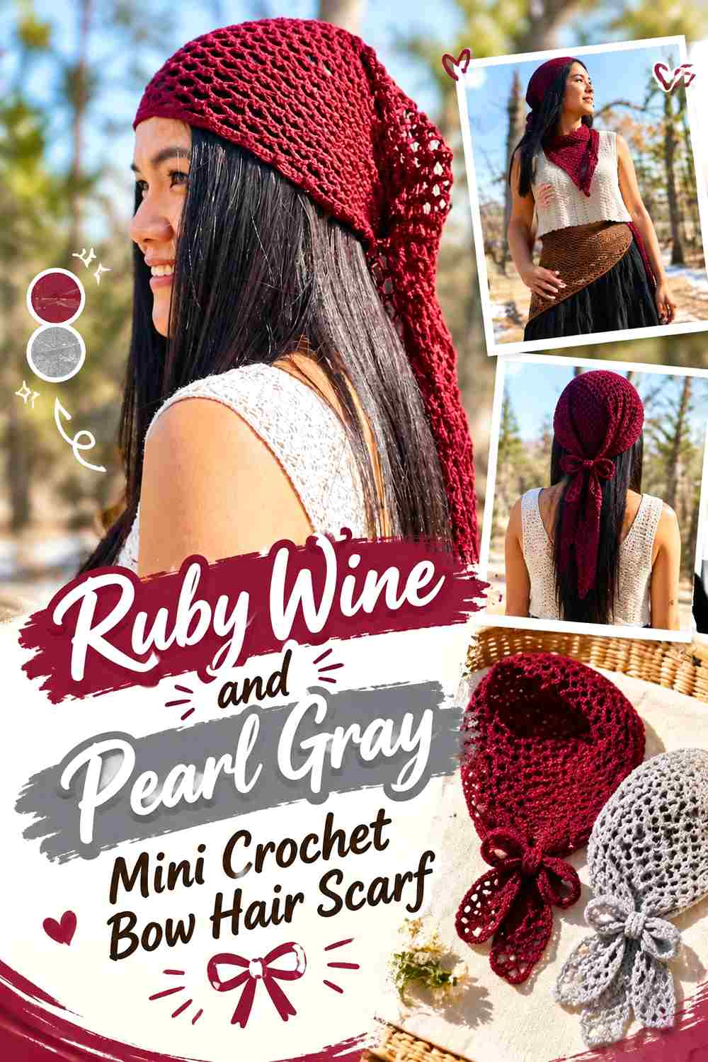 10. Ruby Wine And Pearl Gray Mini Crochet Bow Hair Scarf