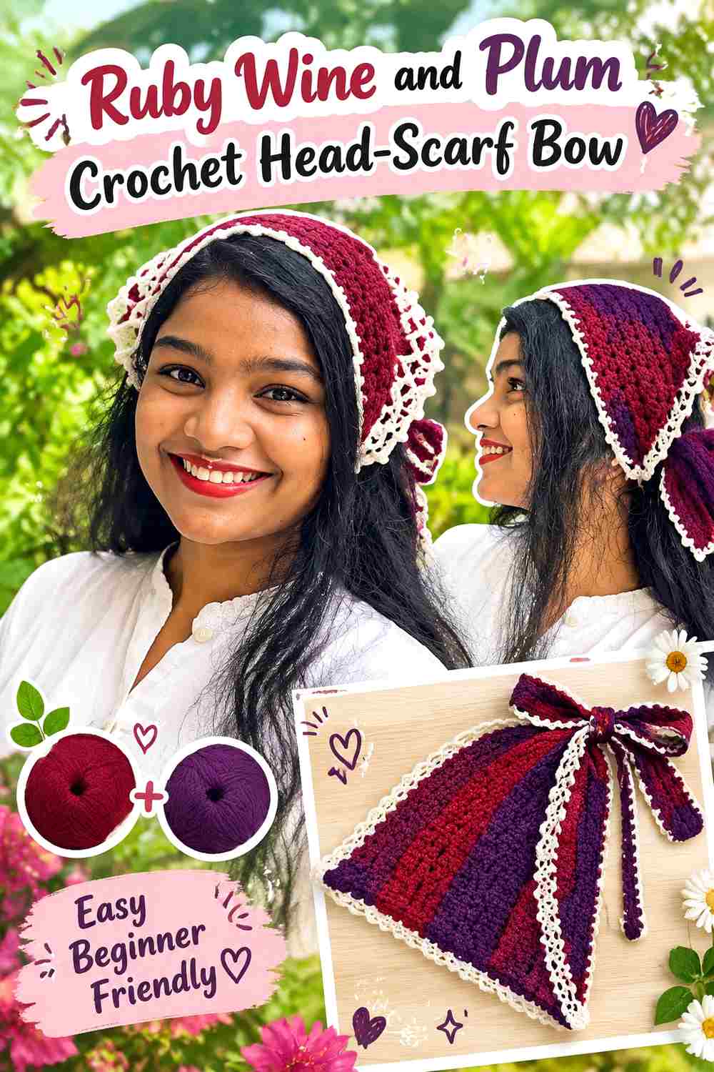 13. Ruby Wine And Plum Crochet Head Scarf Bow