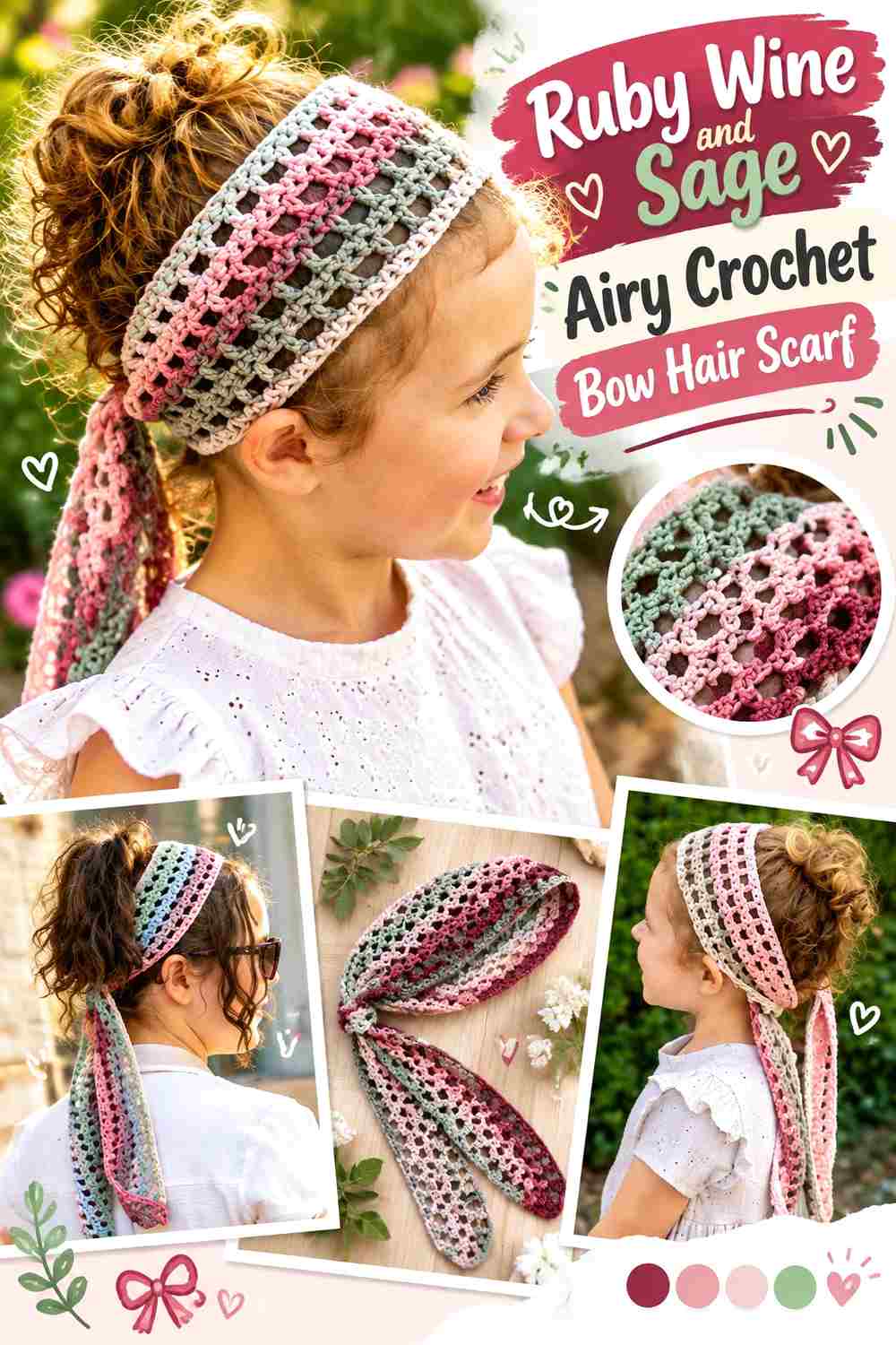6. Ruby Wine And Sage Airy Crochet Bow Hair Scarf