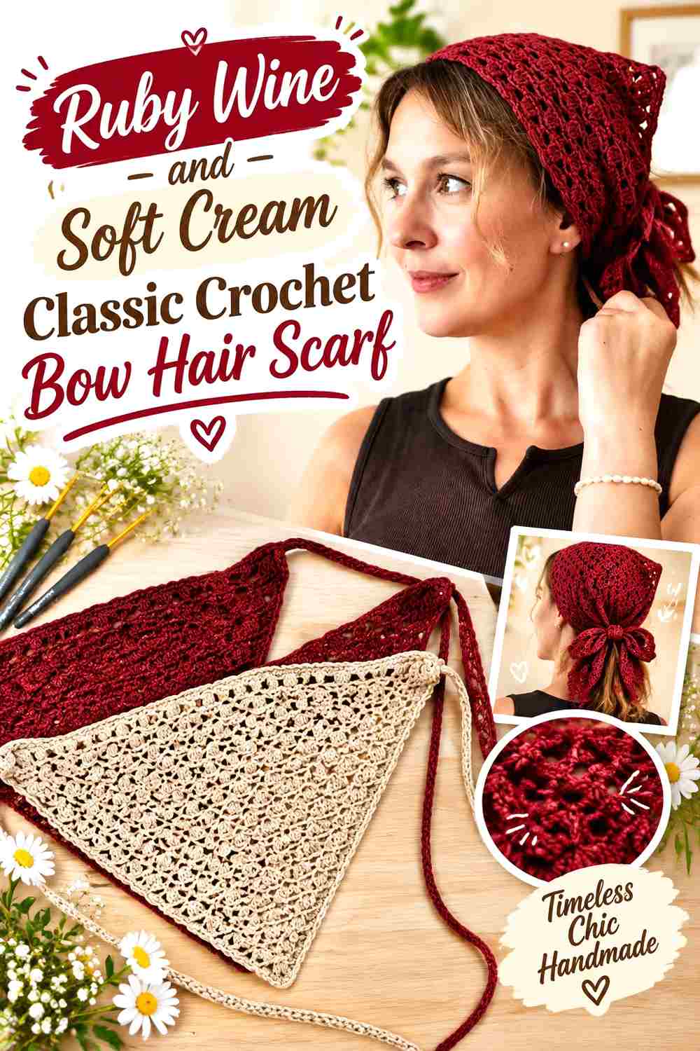 1. Ruby Wine And Soft Cream Classic Crochet Bow Hair Scarf