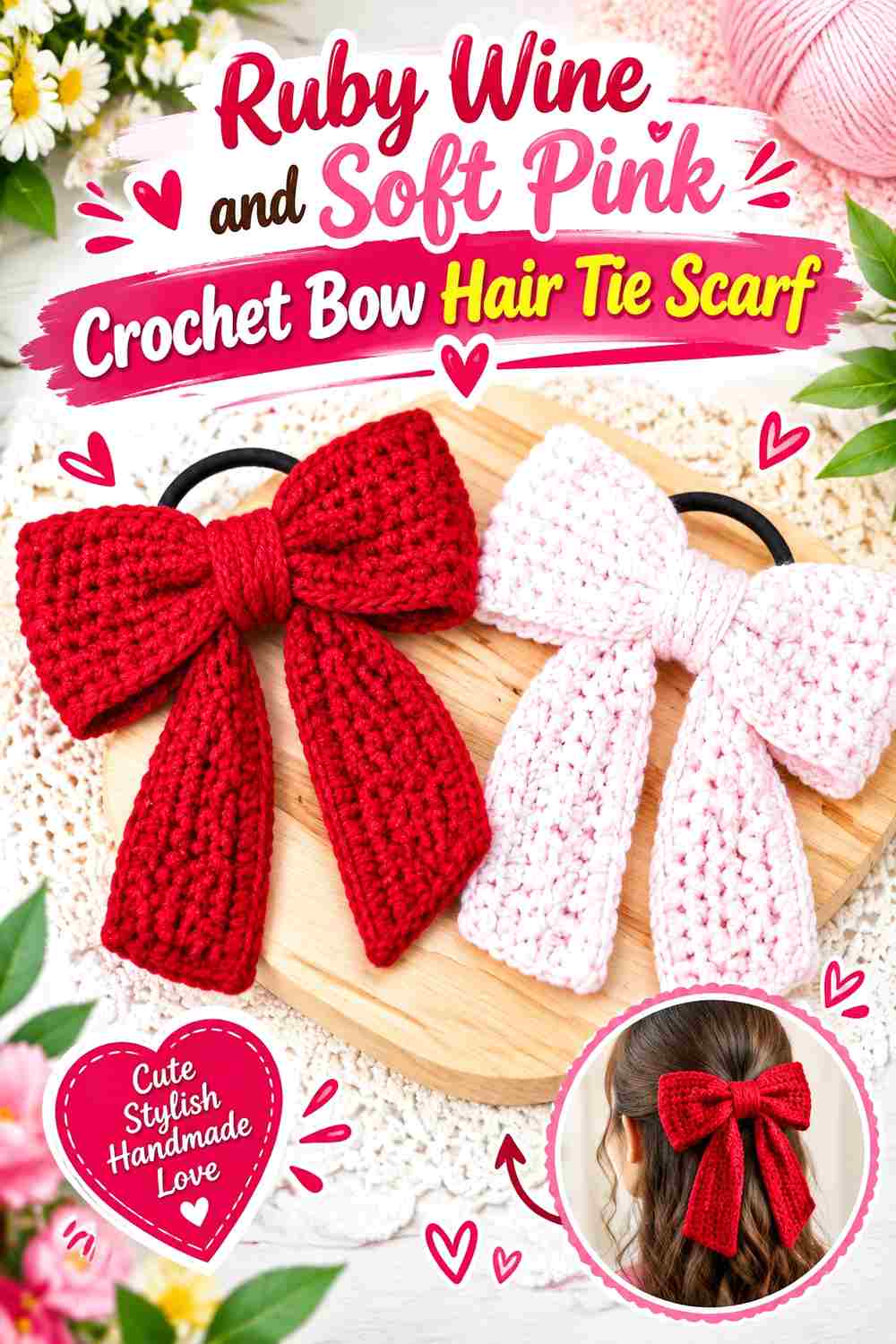 11. Ruby Wine And Soft Pink Crochet Bow Hair Tie Scarf