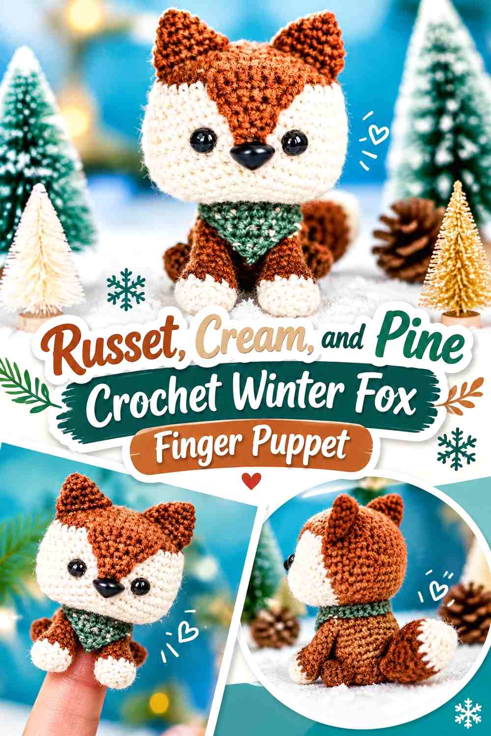 Russet, Cream, and Pine Crochet Winter Fox Finger Puppet