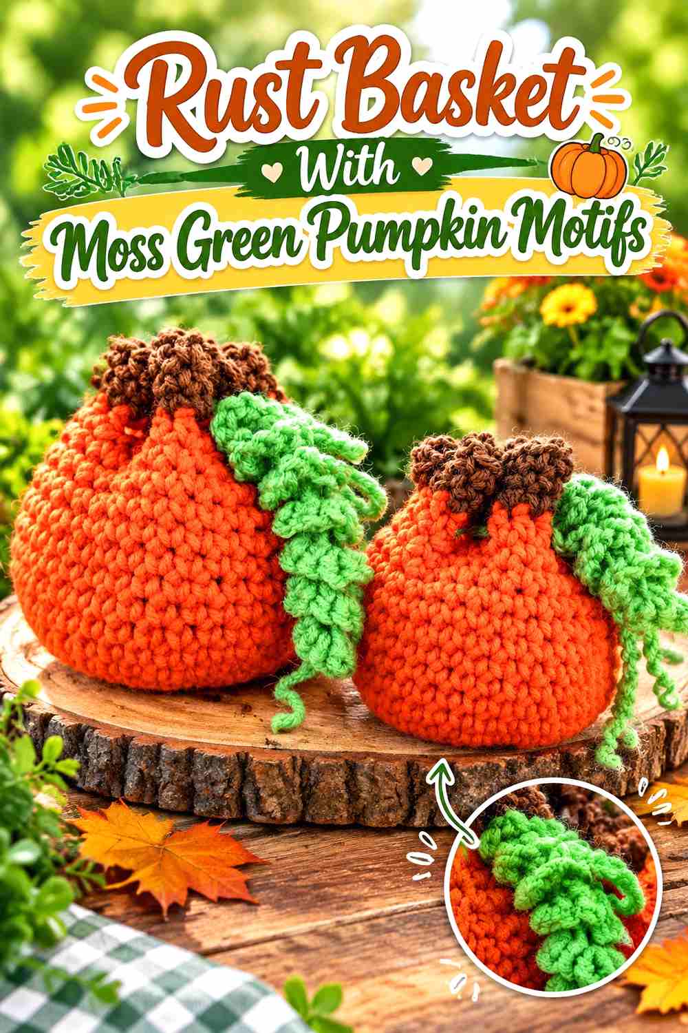 11. Rust Basket With Moss Green Pumpkin Motifs
