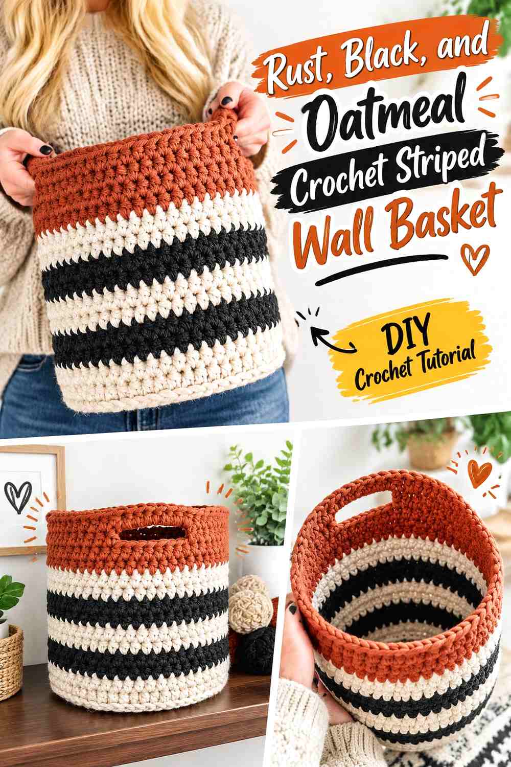 Rust, Black, and Oatmeal Crochet Striped Wall Basket
