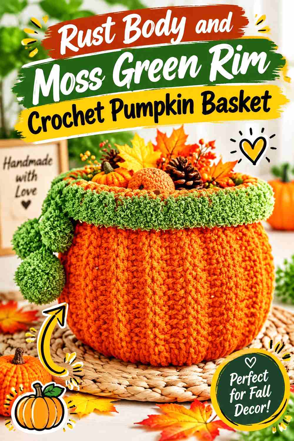 2. Rust Body And Moss Green Rim Crochet Pumpkin Basket