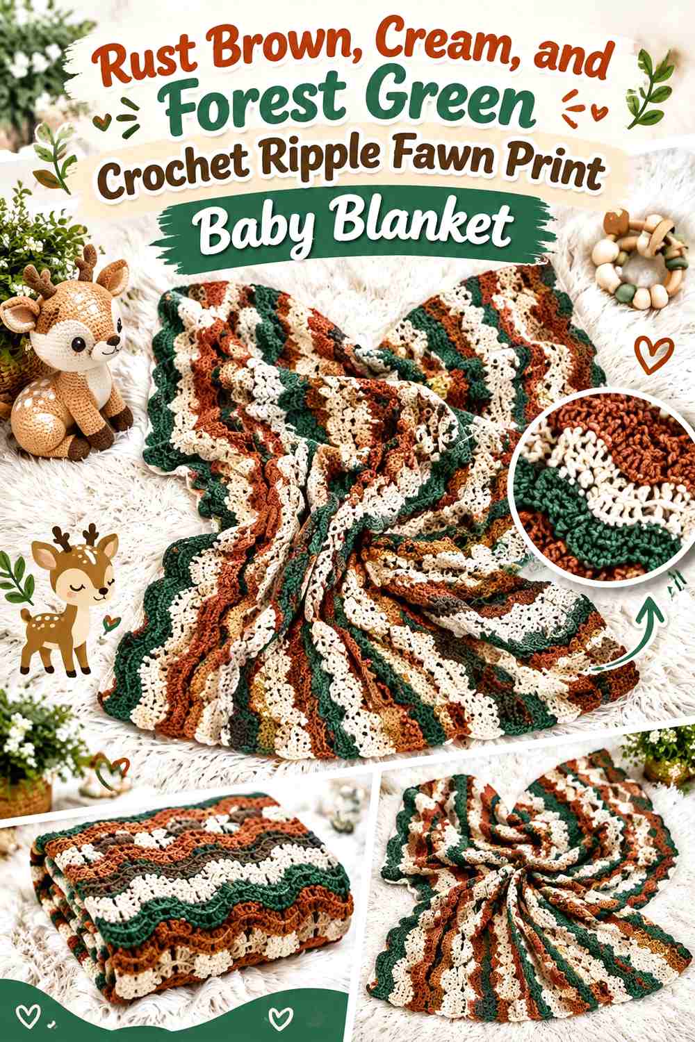 Rust Brown, Cream, and Forest Green Crochet Ripple Fawn Print Baby Blanket