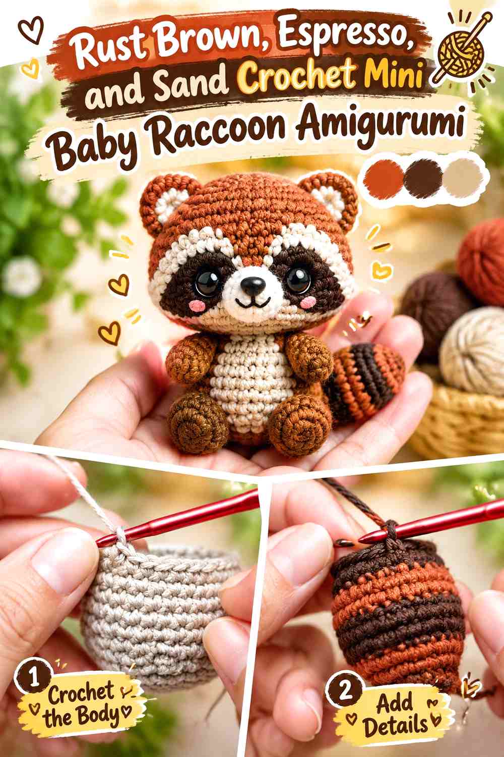 Rust Brown, Espresso, and Sand Crochet Mini Baby Raccoon Amigurumi