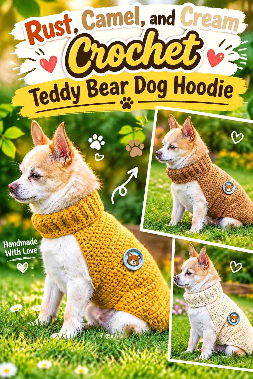 Rust, Camel, and Cream Crochet Teddy Bear Dog Hoodie