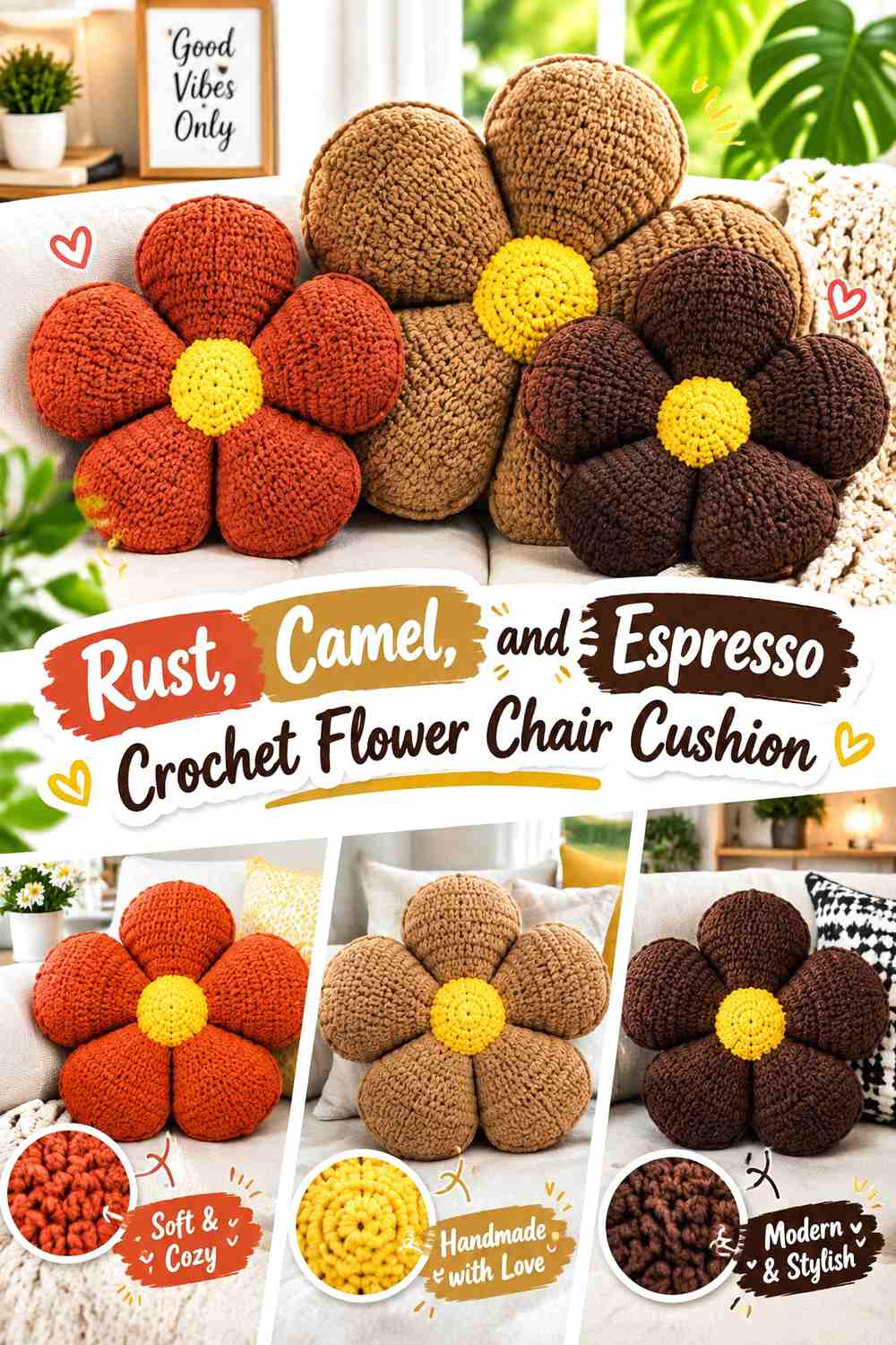 Rust, Camel, and Espresso Crochet Flower Chair Cushion