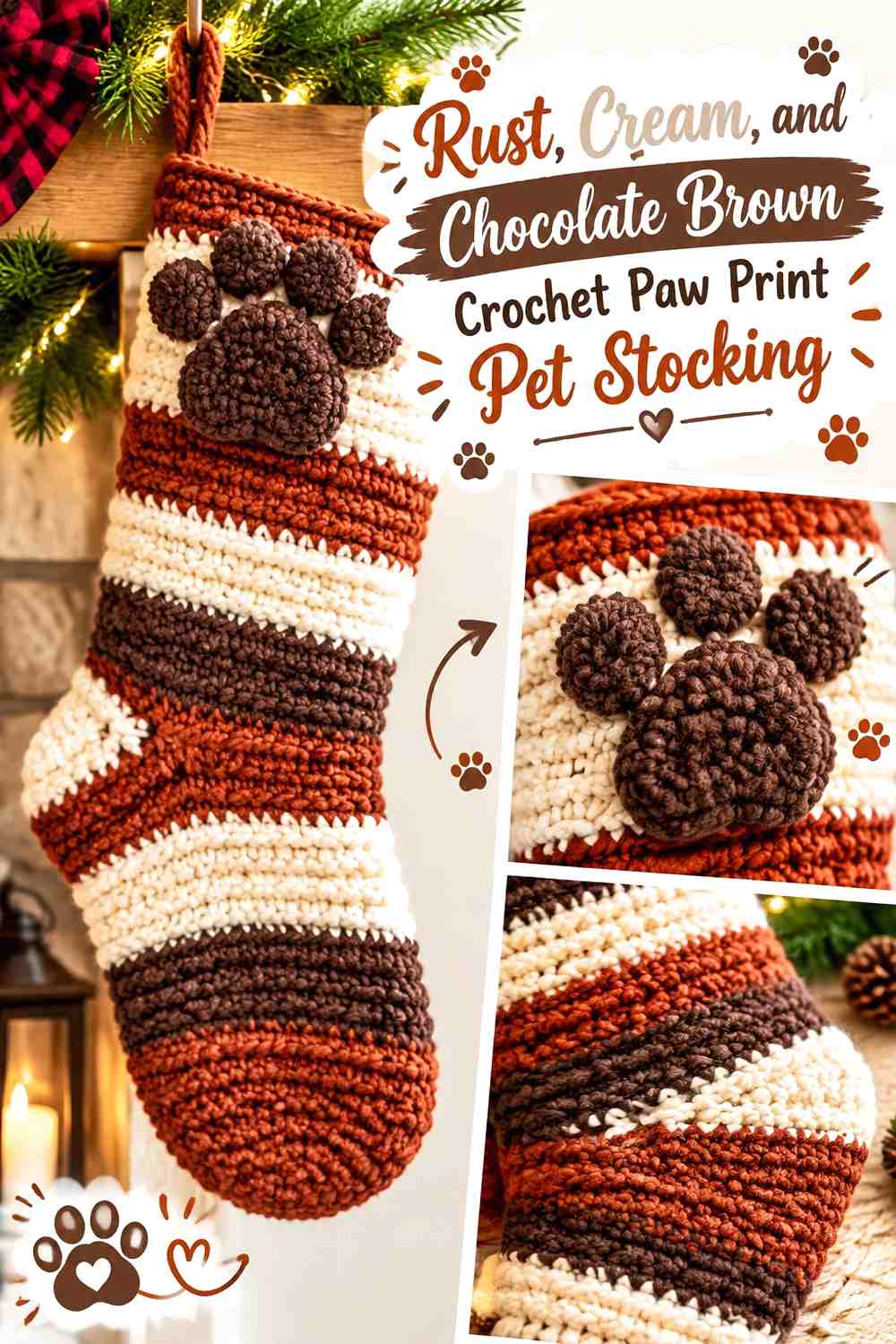 Rust, Cream, and Chocolate Brown Crochet Paw Print Pet Stocking