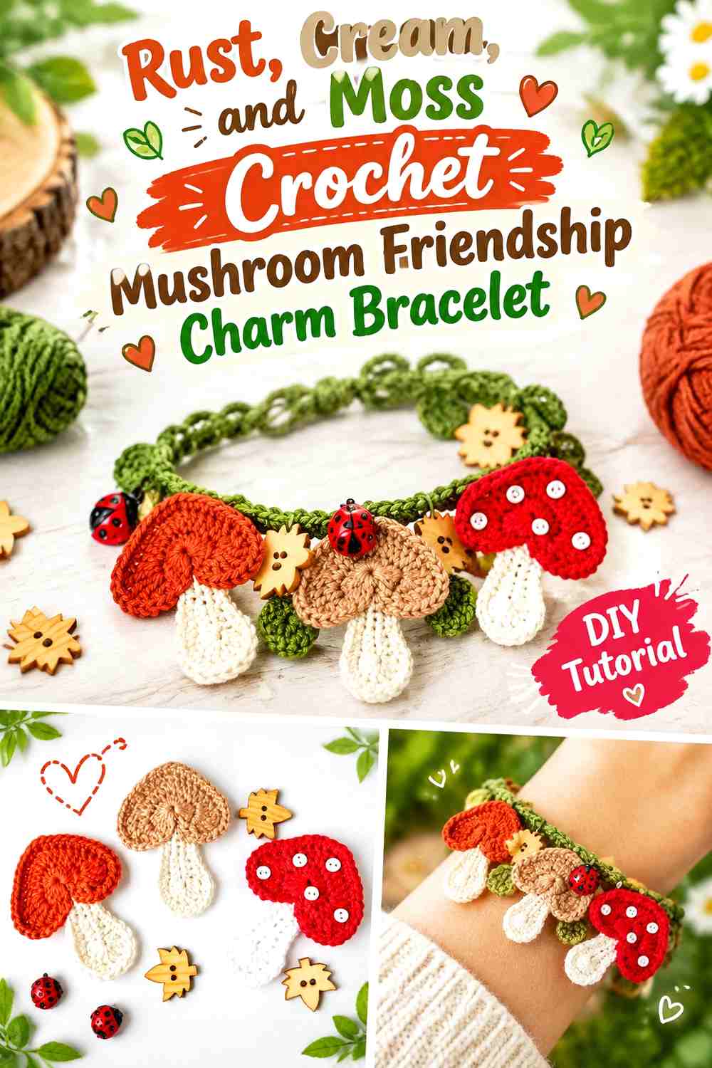 Rust, Cream, and Moss Crochet Mushroom Friendship Charm Bracelet