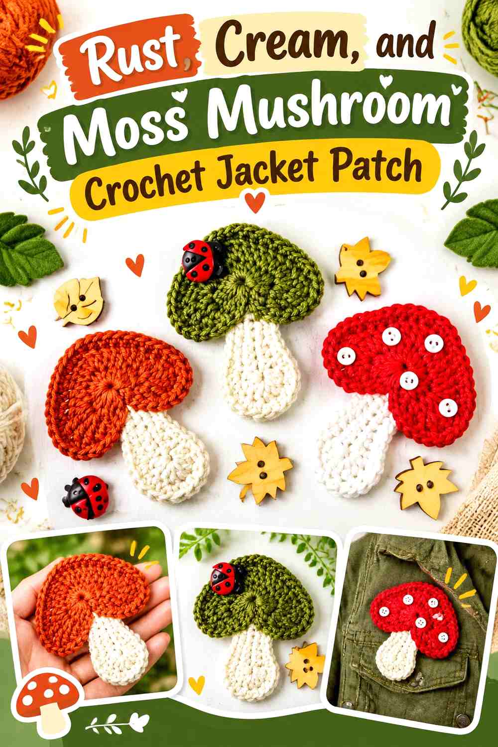 Rust, Cream, and Moss Mushroom Crochet Jacket Patch