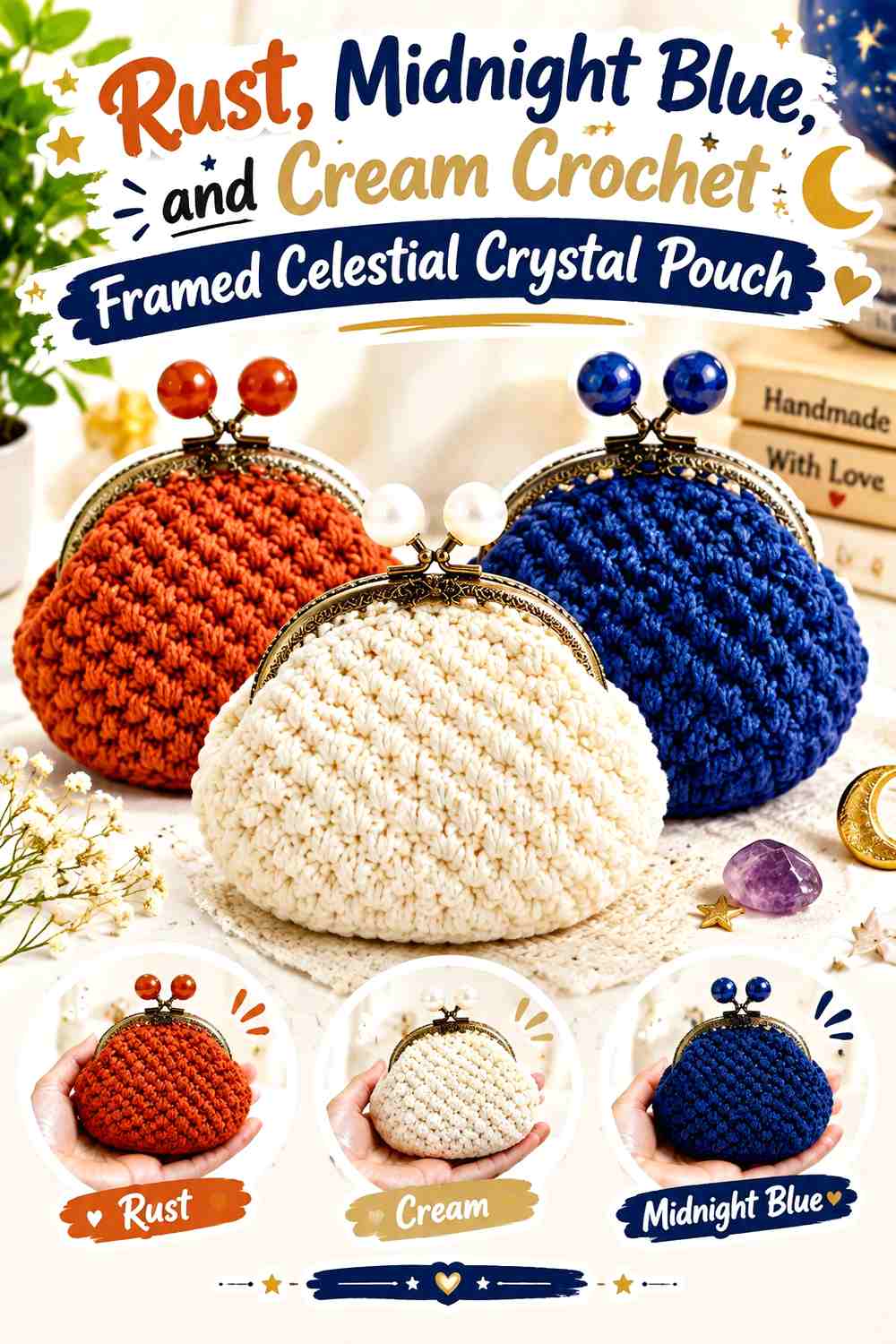 Rust, Midnight Blue, and Cream Crochet Framed Celestial Crystal Pouch
