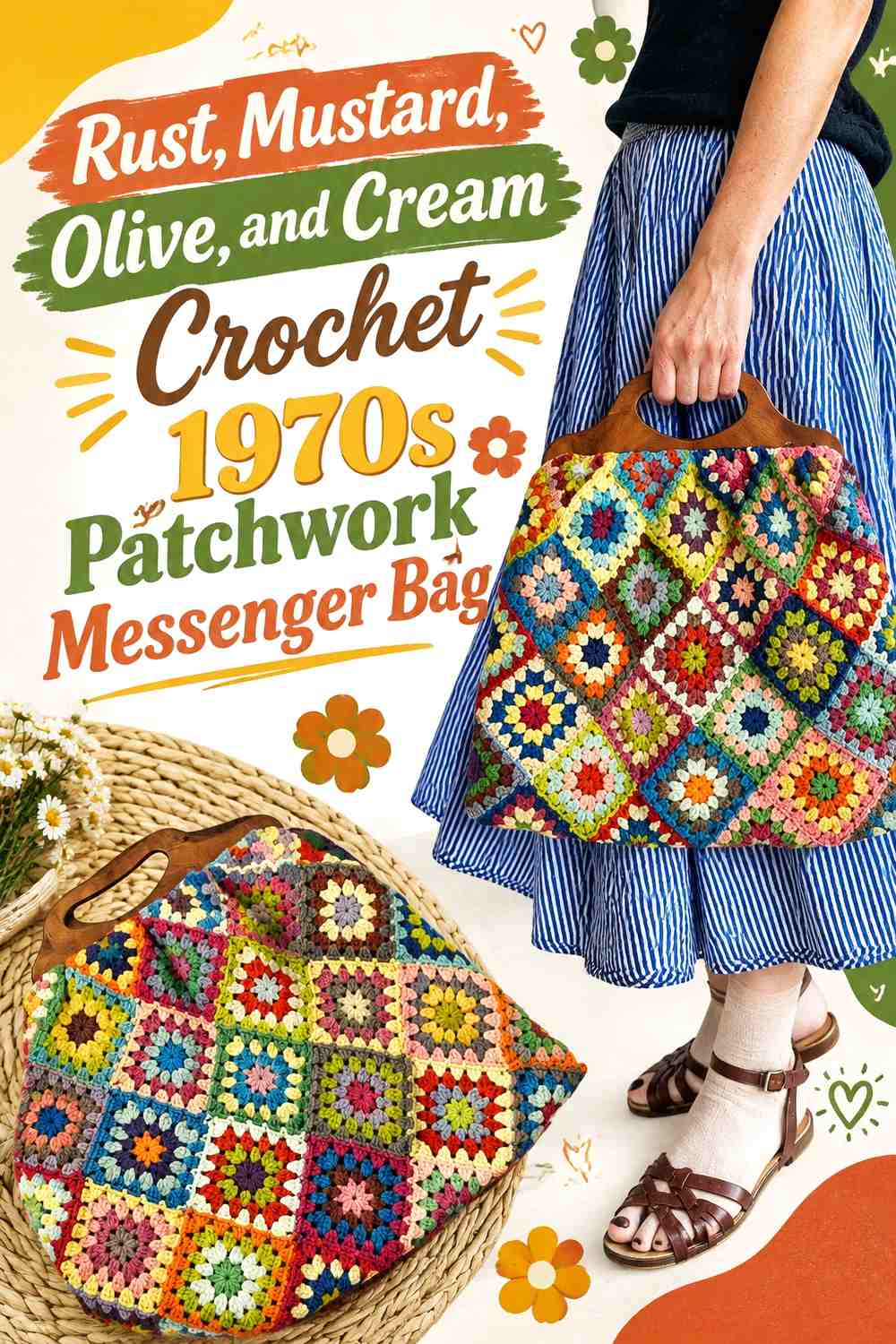 Rust, Mustard, Olive, and Cream Crochet 1970s Patchwork Messenger Bag