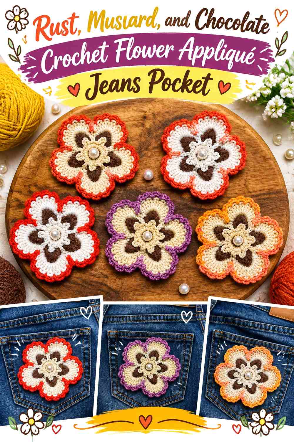 Rust, Mustard, and Chocolate Crochet Flower Appliqué Jeans Pocket
