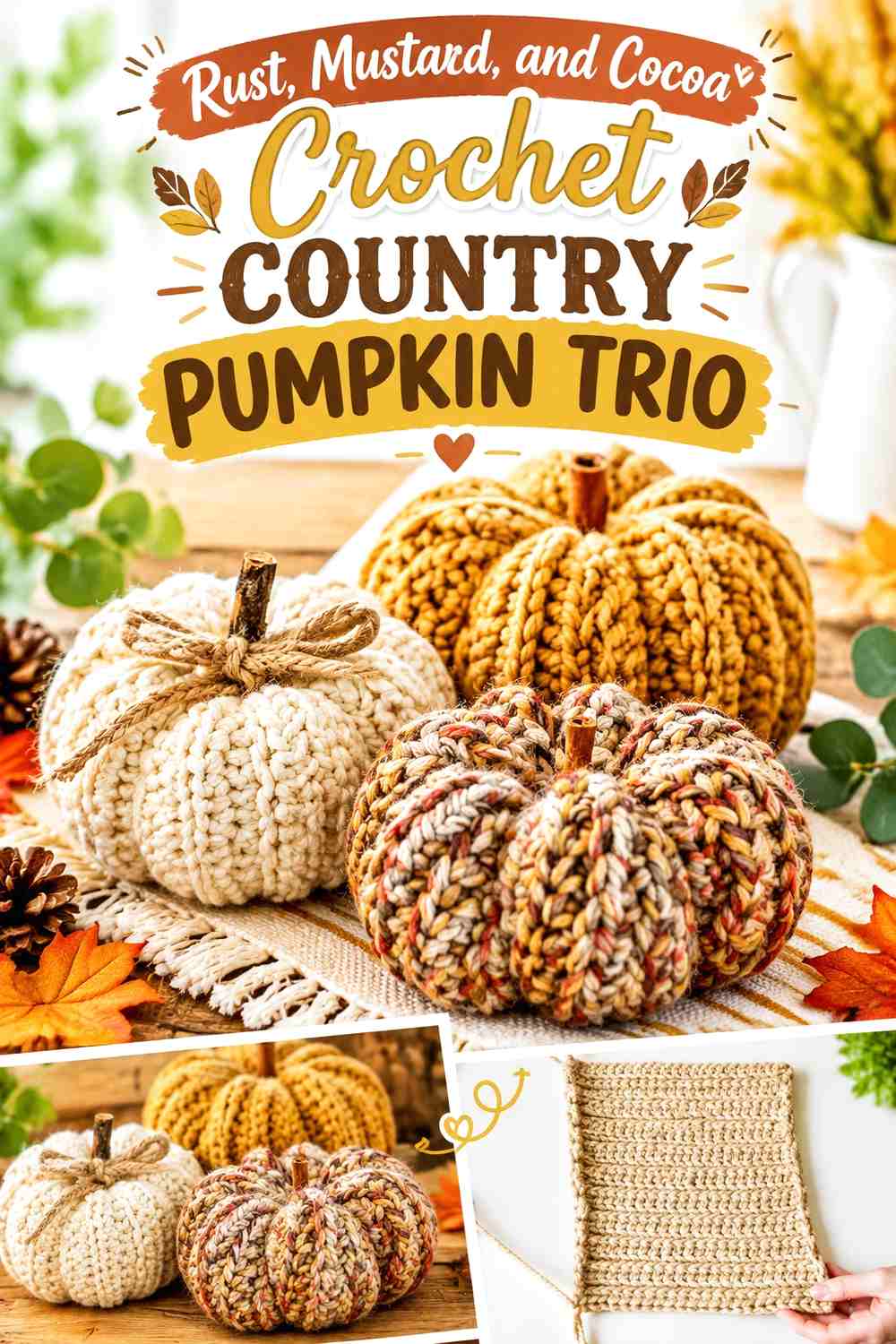 Rust, Mustard, and Cocoa Crochet Country Pumpkin Trio