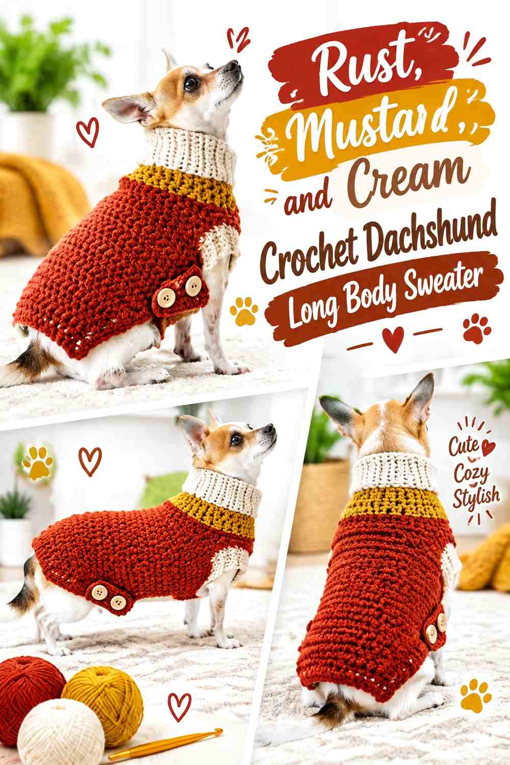 Rust, Mustard, and Cream Crochet Dachshund Long Body Sweater