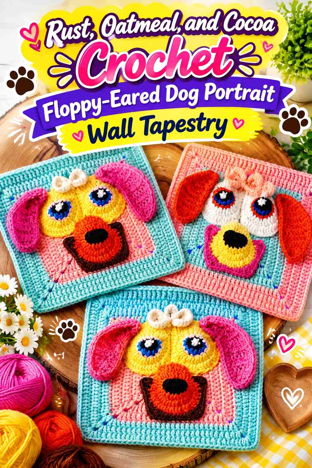 Rust, Oatmeal, and Cocoa Crochet Floppy-Eared Dog Portrait Wall Tapestry