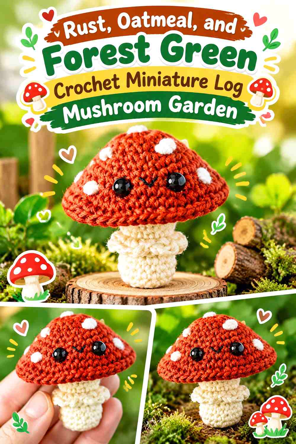 Rust, Oatmeal, and Forest Green Crochet Miniature Log Mushroom Garden