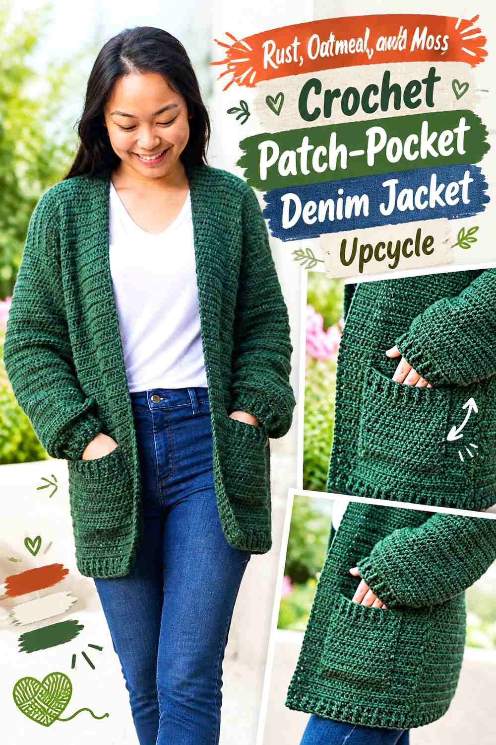 Rust, Oatmeal, and Moss Crochet Patch-Pocket Denim Jacket Upcycle