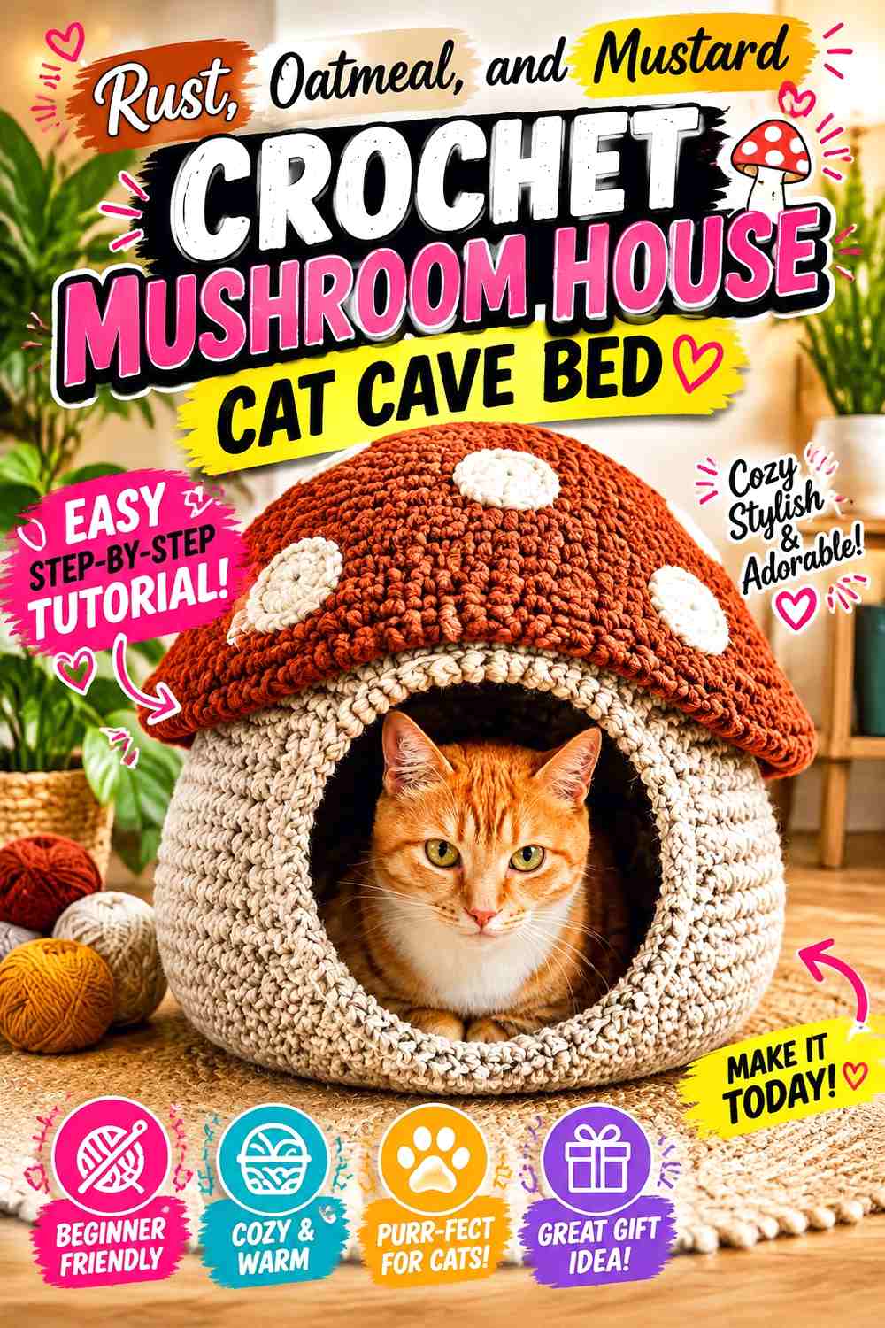 Rust, Oatmeal, and Mustard Crochet Mushroom House Cat Cave Bed