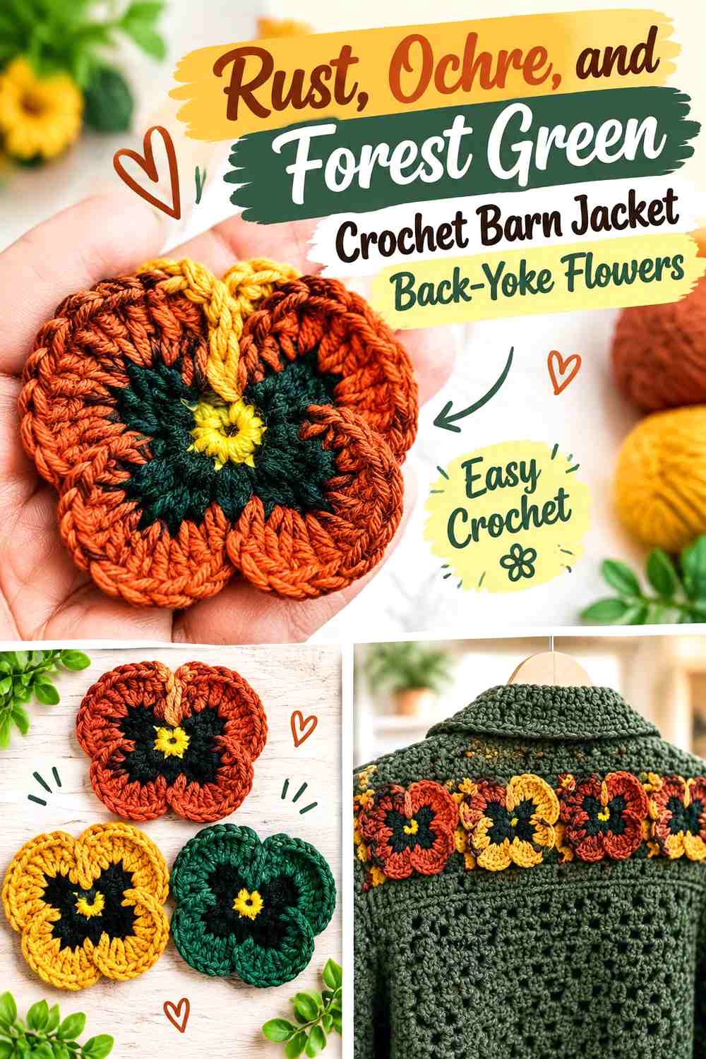 Rust, Ochre, and Forest Green Crochet Barn Jacket Back-Yoke Flowers