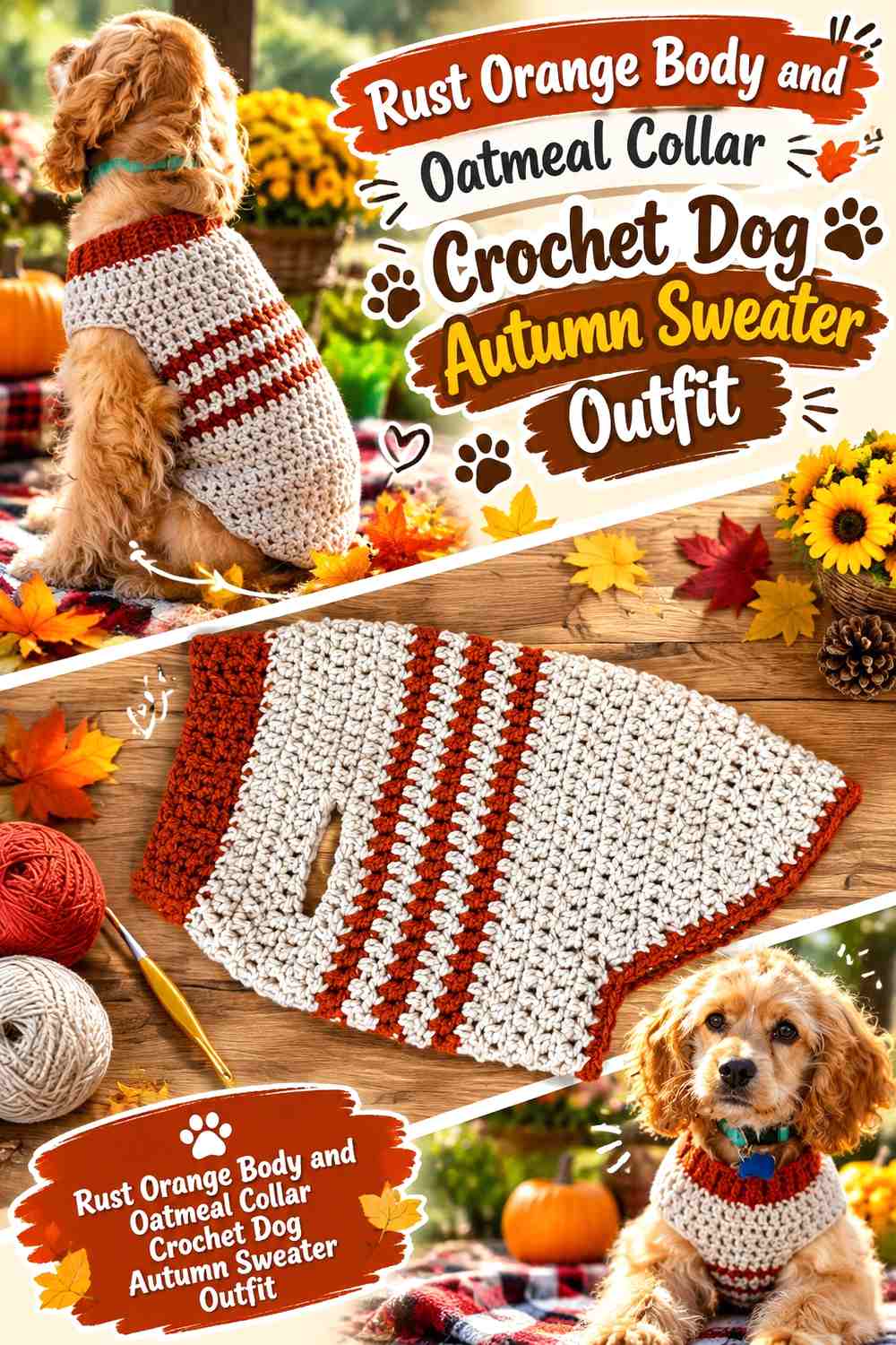 Rust Orange Body and Oatmeal Collar Crochet Dog Autumn Sweater Outfit