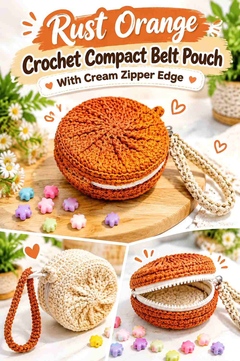 Rust Orange Crochet Compact Belt Pouch With Cream Zipper Edge