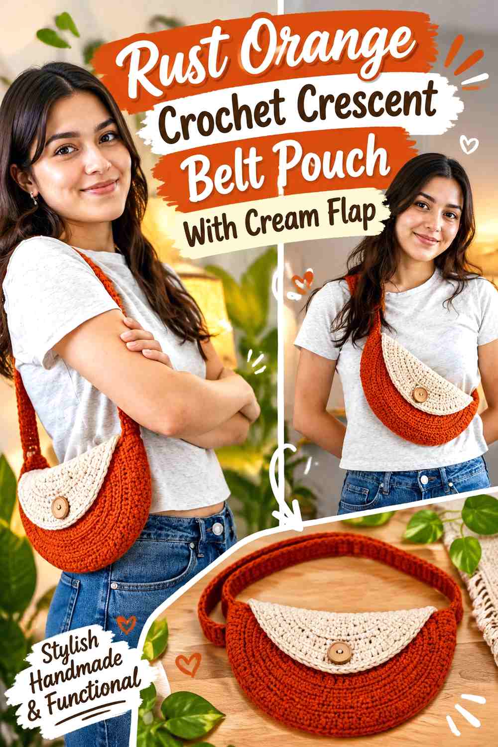 Rust Orange Crochet Crescent Belt Pouch With Cream Flap
