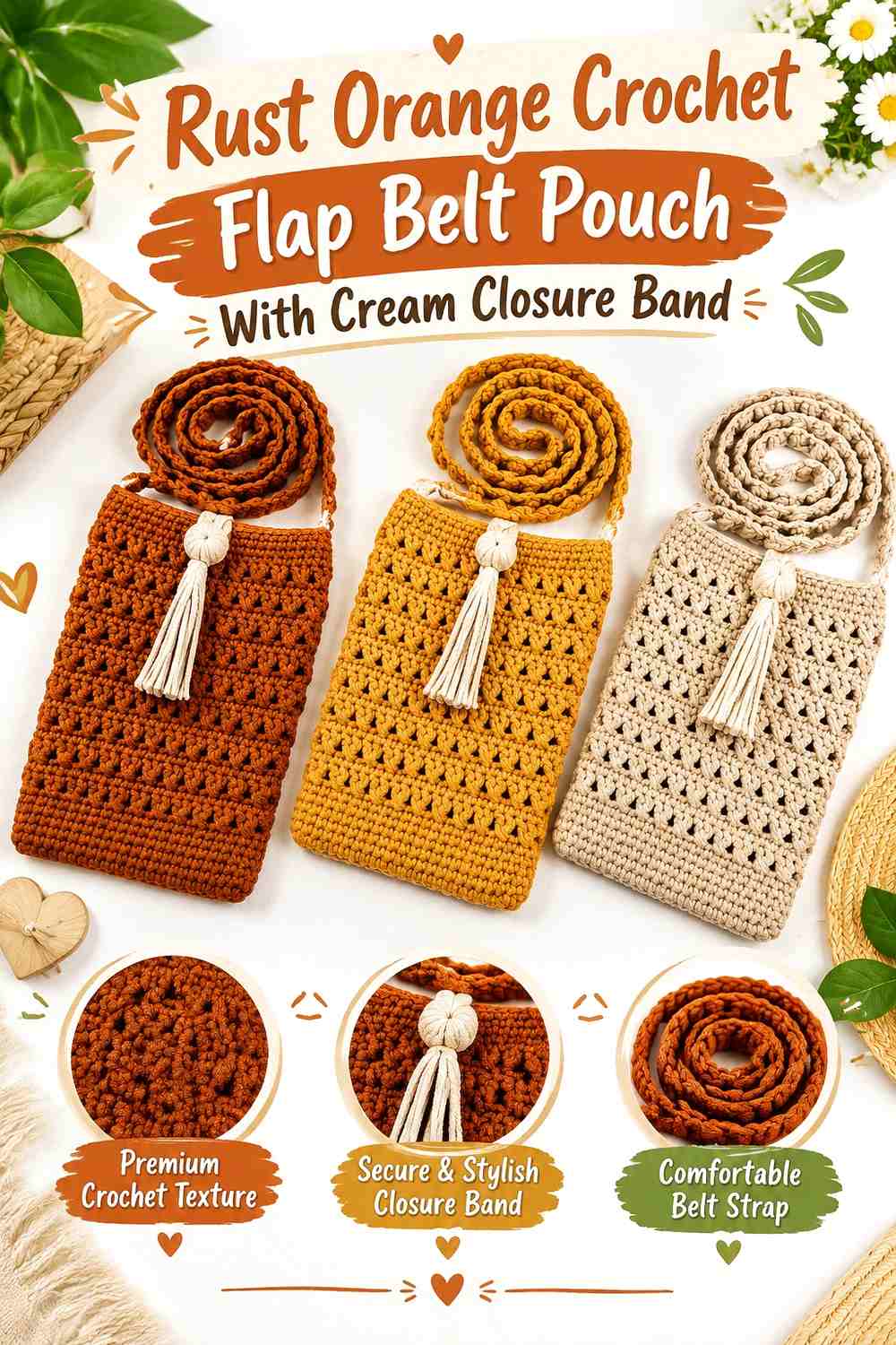 Rust Orange Crochet Flap Belt Pouch With Cream Closure Band