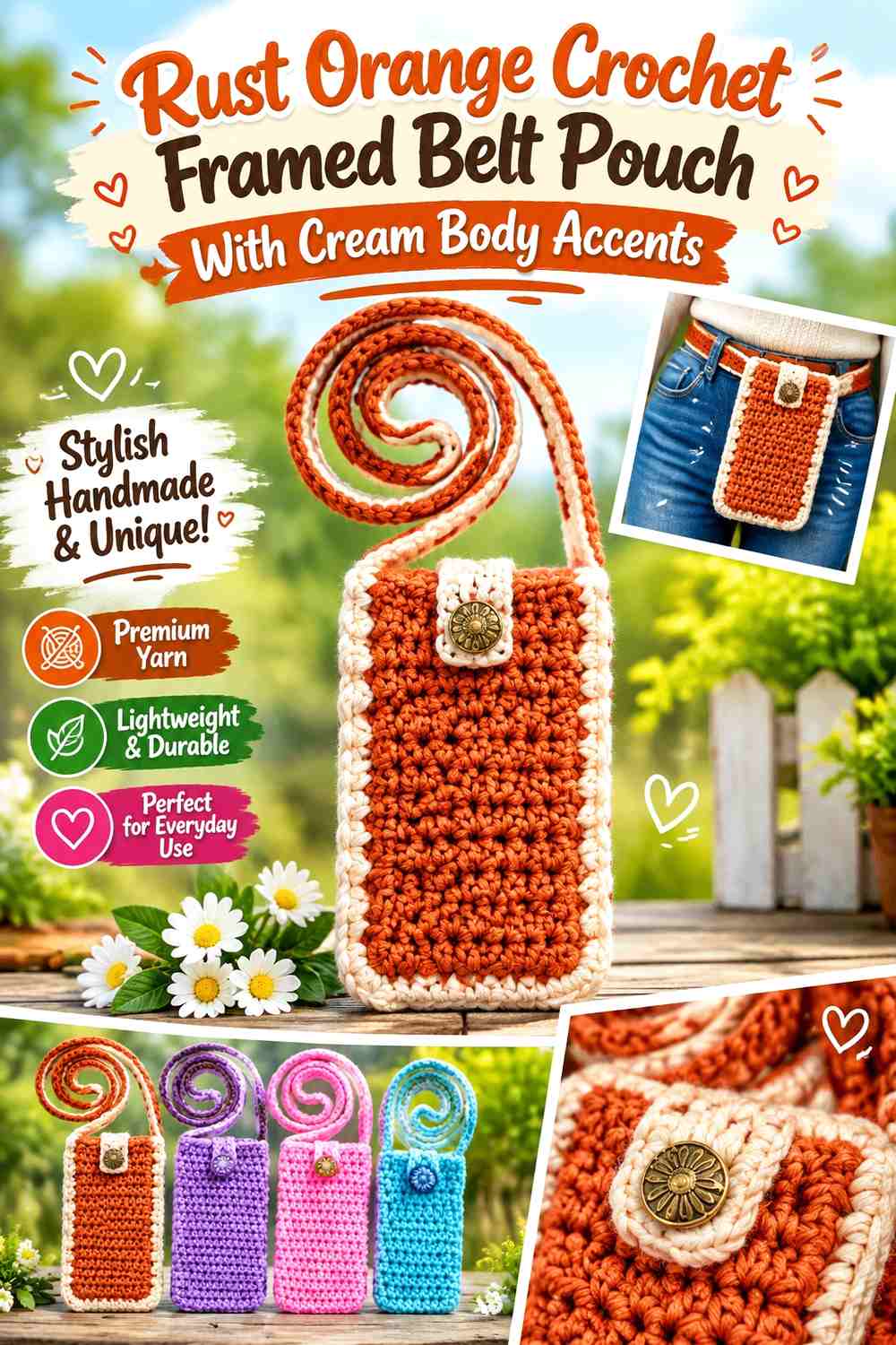 Rust Orange Crochet Framed Belt Pouch With Cream Body Accents