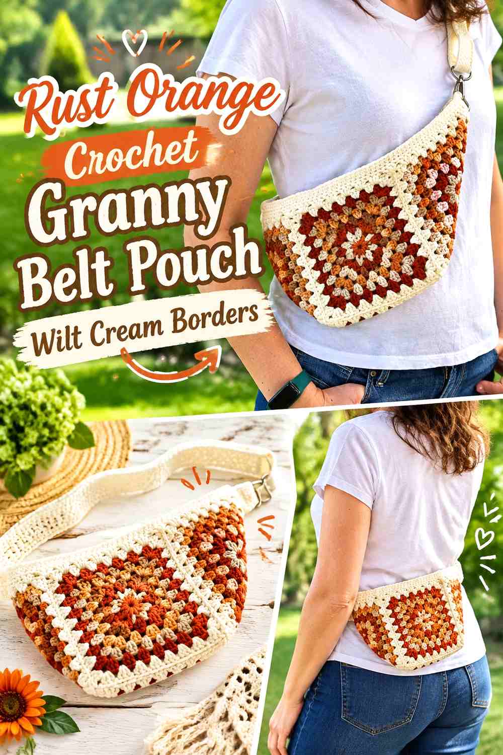 Rust Orange Crochet Granny Belt Pouch With Cream Borders