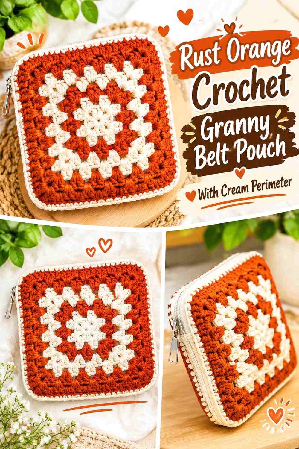 Rust Orange Crochet Granny Belt Pouch With Cream Perimeter