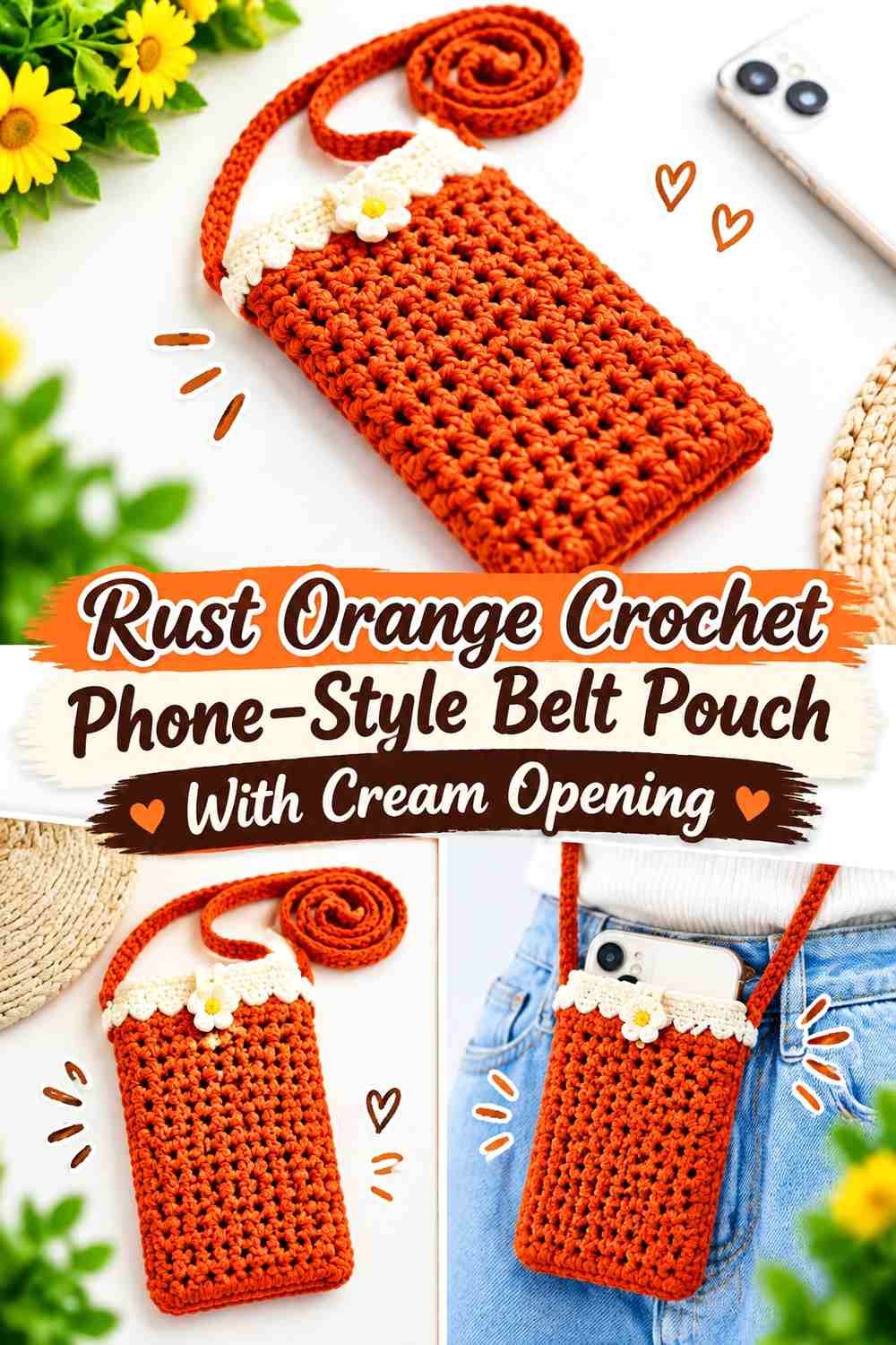 Rust Orange Crochet Phone-Style Belt Pouch With Cream Opening