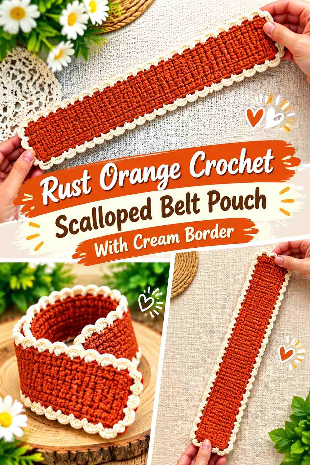 Rust Orange Crochet Scalloped Belt Pouch With Cream Border
