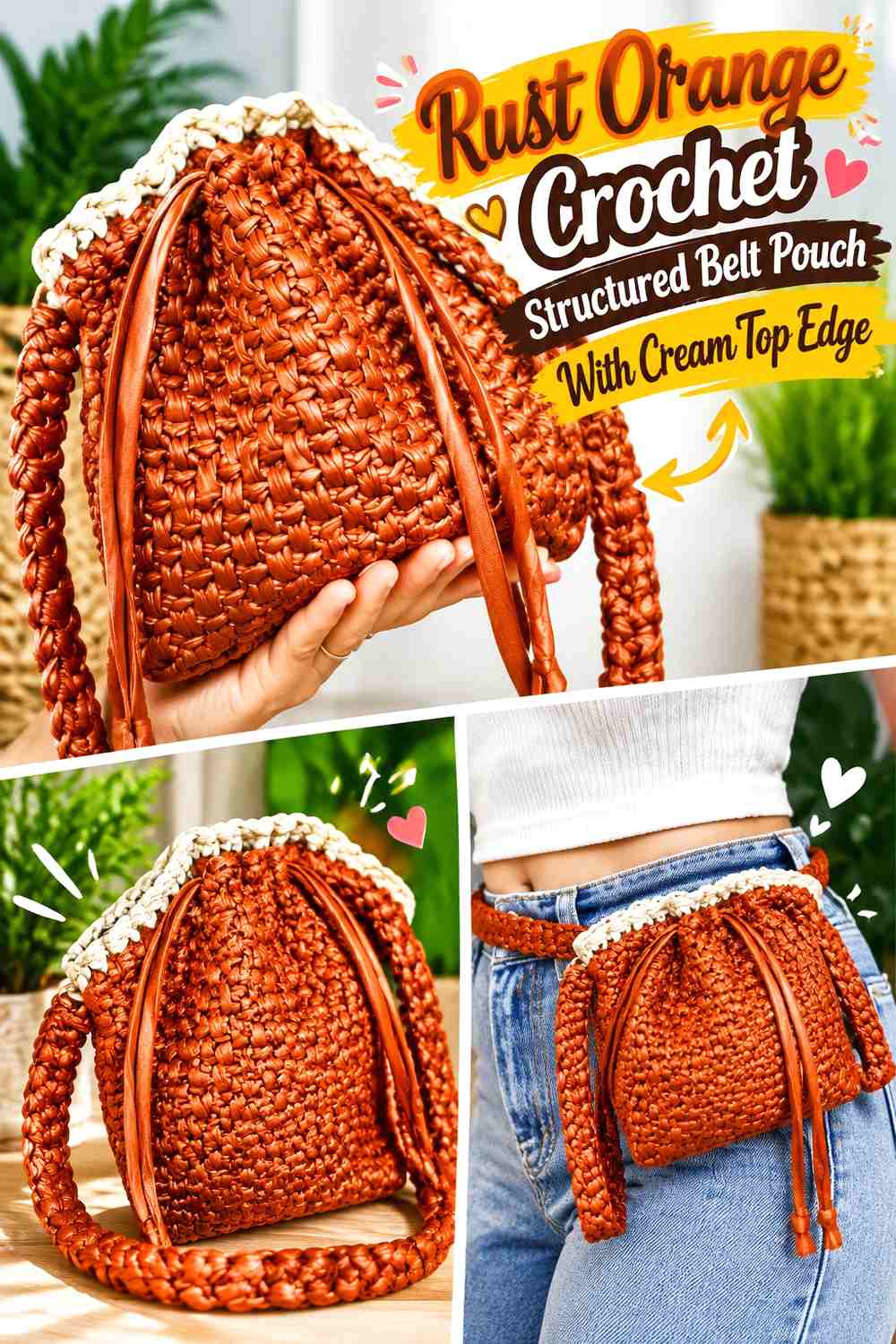 Rust Orange Crochet Structured Belt Pouch With Cream Top Edge