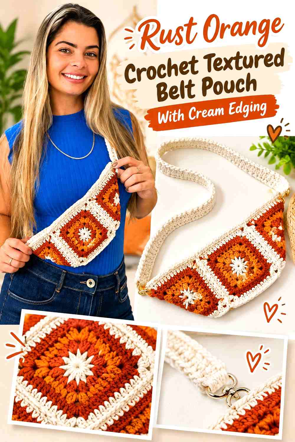 Rust Orange Crochet Textured Belt Pouch With Cream Edging