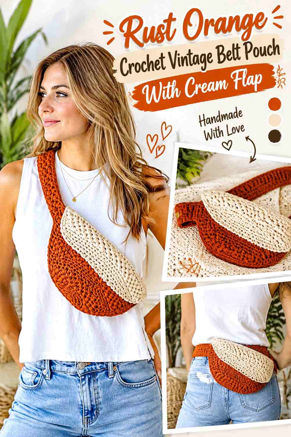 Rust Orange Crochet Vintage Belt Pouch With Cream Flap